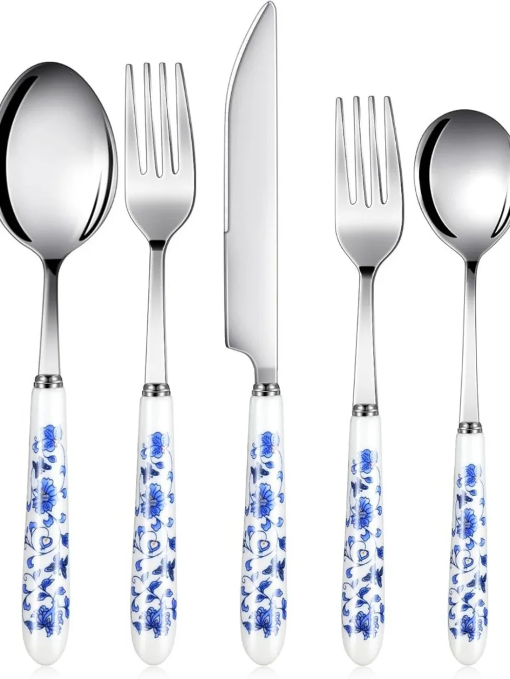 Elegant Chinoiserie Silverware Set - 10 Pcs Blue & White Porcelain Dinnerware
